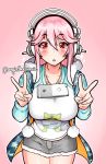  angie_bunnie blush breasts cellphone commentary_request double_v google headphones large_breasts long_hair looking_at_viewer nitroplus object_on_breast open_mouth phone pink_hair red_eyes simple_background smartphone solo super_sonico tawawa_challenge v 