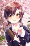 black_hair braid brown_eyes cherry_blossoms crying crying_with_eyes_open ech flower graduation hair_flower hair_ornament jewelry long_hair looking_at_viewer open_mouth original reaching_out ring school_uniform solo tears tube twin_braids upper_body 