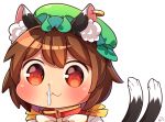  :3 animal_ears bangs blush bow bowtie brown_hair cat_ears cat_tail chen chinese_clothes closed_mouth commentary_request frills green_hat hat highres ibaraki_natou jewelry messy_hair mob_cap multiple_tails nekomata red_eyes red_vest shirt short_hair signature single_earring snot_trail solo tail tail_raised touhou transparent_background two_tails vest white_shirt yellow_neckwear 