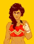  arthur_asa bandaged_hands bandages blue_eyes commentary dc_comics diana_prince justice_league midriff muscle muscular_female tied_hair wonder_woman 