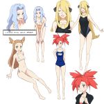  4girls asuna_(pokemon) bikini black_swimsuit blonde_hair blue_hair blush breasts brown_eyes brown_hair eyes_closed female full_body hair_ornament hair_over_one_eye jacket karin_(pokemon) leaning_forward long_hair looking_at_viewer medium_breasts mikan_(pokemon) multiple_girls open_mouth pokemon purple_eyes red_eyes red_hair shirona_(pokemon) sitting small_breasts smile standing swimsuit text translation_request wavy_hair white_bikini wigglytuff_(pokeacc) yellow_bikini yellow_eyes 