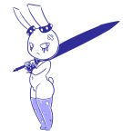  2018 anthro armband band-aid bandage clothing digital_media_(artwork) disfigure earbands female flat_chested frown glare kylma lagomorph legwear mammal melee_weapon monochrome navel nude pose pubes pussy rabbit rabbit_tail simple_background solo spikes sword thigh_highs weapon white_background 
