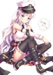  absurdres arm_on_knee armpits azur_lane bangs bare_shoulders black_legwear black_neckwear blush boots breasts buckle buttons collared_shirt commentary_request crossed_ankles dated detached_sleeves enterprise_(azur_lane) hat highres jacket jacket_removed knee_boots large_breasts leg_belt long_hair looking_at_viewer military military_uniform miniskirt naval_uniform necktie panties pantyshot pantyshot_(sitting) peaked_cap purple_eyes revealing_clothes shirt sidelocks signature silver_hair simple_background sitting skirt sleeveless sleeveless_shirt smile solo thighhighs thighs underwear uniform very_long_hair white_background white_panties white_shirt xi_zhujia_de_rbq 