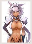  blue_eyes body_markings breasts caenis_(fate) cowboy_shot dark_skin fate/grand_order fate_(series) hand_on_hip large_breasts long_hair looking_at_viewer revealing_clothes sami_(object_dump) silver_hair smile solo 