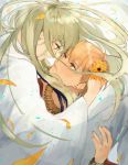  androgynous blonde_hair bracelet enkidu_(fate/strange_fake) fate/grand_order fate/strange_fake fate_(series) floating_hair flower gilgamesh glass_co green_eyes green_hair hair_flower hair_ornament hand_on_another's_head hug jewelry long_hair long_sleeves looking_at_another petals red_eyes robe short_hair smile sunflower sunflower_hair_ornament white_robe wide_sleeves 