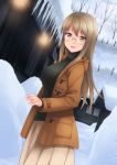  akemiho_tabi_nikki black_sweater breasts brown_coat brown_eyes brown_hair coat commentary_request glasses highres icicle kouno_hikaru large_breasts long_hair looking_at_viewer open_mouth oribe_shiori outdoors skirt snow solo sweater 