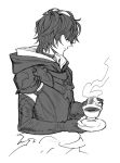  armor closed_eyes coffee cup fingerless_gloves gloves granblue_fantasy hood hood_down komo_(sleepy) male_focus profile sandalphon_(granblue_fantasy) saucer short_hair solo teacup 