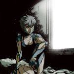  arm_on_knee arthur_asa bed black_sclera breasts commentary cyborg dark_skin ghost_in_the_shell glowing green_eyes grey_hair knee_up medium_breasts neon_trim original pillow prosthesis room short_hair shorts sitting tank_top window 