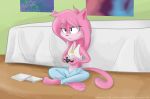  2014 aeris_(vg_cats) bed cat clothing feline female fur gaming greycat_rademenes hair jewelry mammal necklace panties pants pink_fur pink_hair sitting tri-force underwear vg_cats 