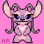  2018 alien angel_(lilo_and_stitch) angoraram antennae chest_markings digital_media_(artwork) disney experiment_(species) eyelashes front_view lilo_and_stitch looking_at_viewer markings pink_background pink_body pixel_(artwork) purple_eyes purple_nose simple_background smile solo standing 