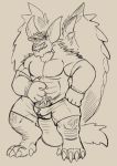  2018 5_toes anthro barely_contained bulge capcom claws clothed clothing daftpatriot hat horn invalid_tag male monochrome monster_hunter muscular muscular_male nergigante pants partially_clothed penis poking_out scales scalie solo standing toes topless video_games wings 