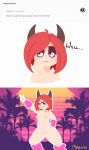  2018 animated ask_blog at big_breasts bigger blush breasts clothed clothing dancing demon digitalmedia(artwork) embarrassed english_text eyewear female glasses hair hi_res horn humanoid invalid_tag leg_warmers legwear looking_at_viewer meryiel mostly_nude nipples not_furry outside partially_clothed pussy red_hair sequence solo source speech_bubble succ_the_succubus succubus text toony topless version 
