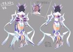  absurdres ass black_hair character_sheet commentary_request detached_sleeves from_behind grey_background highres impossible_clothes impossible_leotard kneepits kohinata_miku leotard mecha_musume multiple_views official_art senki_zesshou_symphogear senki_zesshou_symphogear_xd_unlimited simple_background translation_request white_footwear white_leotard yoshii_dan 
