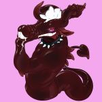  2017 anthro black_collar black_sclera claws collar demon devil_rubber digital_drawing_(artwork) digital_media_(artwork) drooling hair hi_res horn long_tail looking_at_viewer male neltruin nude pink_background pink_eyes rubber saliva shiny simple_background solo spiked_collar spikes teeth toony white_hair 