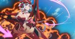  ankh_(ankh_05) bare_shoulders blurry breasts bullet cleavage cloud cloudy_sky covered_navel dual_wielding explosion gloves grin hair_between_eyes headgear holding large_breasts leotard long_hair low_twintails md5_mismatch missile purple_eyes purple_hair senki_zesshou_symphogear silver_hair sky smile solo symphogear_pendant twintails very_long_hair yukine_chris 