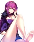  bare_shoulders breasts cape chestnut_mouth cleavage fate/grand_order fate_(series) highres long_hair looking_at_viewer open_mouth purple_eyes purple_hair scathach_(fate)_(all) scathach_skadi_(fate/grand_order) silly_(marinkomoe) simple_background solo very_long_hair white_background 