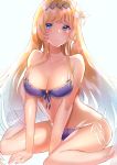  absurdres bare_shoulders barefoot bikini blonde_hair blue_eyes breasts cleavage collarbone commentary_request felnemo flower granblue_fantasy groin hair_flower hair_ornament hairband highres jeanne_d'arc_(granblue_fantasy) large_breasts long_hair looking_at_viewer side-tie_bikini simple_background sitting solo swimsuit wariza 