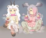 2girls animal_ears bitashinmi blue_eyes boots feet grey_eyes grey_hair hair_over_one_eye holding_shoes horns kemono_friends legwear long_hair looking_at_viewer multiple_girls pantyshot pink-backed_pelican_(kemono_friends) shoes_removed sitting smell smile snow_sheep_(kemono_friends) soles steam two-tone_hair wavy_hair white_hair 