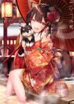  2018 ;d animal animal_ears black_hair brown_eyes chinese_zodiac commentary detached_sleeves dog dog_ears dog_request dog_tail fang floral_print flower hair_flower hair_ornament hairclip haruka_natsuki holding holding_animal japanese_clothes kemonomimi_mode kimono lantern night one_eye_closed open_mouth oriental_umbrella original print_kimono red_kimono short_hair short_kimono sitting smile soaking_feet solo sweat tail tassel umbrella year_of_the_dog 