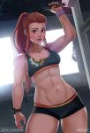  1girl abs belly bra breasts brigitte_lindholm brown_eyes brown_hair closed_mouth eyebrows female koshiosaur lips long_hair matching_hair/eyes navel overwatch ponytail shorts solo stomach tied_hair 