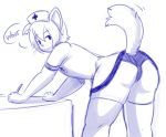  2018 anthro bent_over biped blue_and_white butt cat clothed clothing crossdressing digital_drawing_(artwork) digital_media_(artwork) english_text feline girly hair hat jizzy-dog looking_at_viewer male mammal monochrome motion_lines nurse nurse_hat nurse_uniform panties short_hair simple_background solo speech_bubble text underwear uniform whiskers white_background 