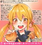  :d black_sailor_collar black_serafuku blonde_hair colored_pencil_(medium) commentary_request crescent crescent_moon_pin dated food hair_between_eyes holding holding_food kantai_collection kirisawa_juuzou long_hair long_sleeves low_twintails numbered open_mouth remodel_(kantai_collection) sailor_collar satsuki_(kantai_collection) school_uniform serafuku smile solo traditional_media translation_request twintails twitter_username yellow_eyes 