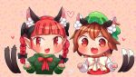  :3 animal_ears bangs black_bow blush bow bowtie braid breasts brown_hair cat_ears cat_tail chen chinese_clothes commentary_request dress extra_ears eyebrows_visible_through_hair fang frills green_dress green_hat hair_between_eyes hair_bow hands_up hat heart highres ibaraki_natou jewelry juliet_sleeves kaenbyou_rin long_sleeves looking_at_viewer medium_breasts messy_hair mob_cap multiple_girls multiple_tails nekomata open_mouth patterned_background pointy_ears puffy_sleeves red_eyes red_hair red_neckwear red_vest shirt short_hair signature single_earring tail touhou twin_braids two_tails vest white_shirt yellow_neckwear 