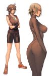  2girls ass bike_shorts blonde_hair bodysuit breasts brown_eyes brown_hair closed_mouth crossed_arms erect_nipples feet from_behind full_body highres karate_gi large_breasts legs looking_at_viewer looking_back matching_hair/eyes multiple_girls oda_non parted_lips short_hair sideboob simple_background sleeveless smile sneakers standing thighs white_background 