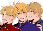  arthur_pendragon_(fate) blonde_hair brothers clenched_teeth commentary family fate/prototype fate/prototype:_fragments_of_blue_and_silver fate_(series) father_and_son hand_on_another's_shoulder kay_(fate) looking_at_viewer mordred_(fate/prototype) multiple_boys siblings simple_background teeth upper_body white_background yuuya_(aice) 