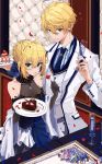 1girl :o absurdres ahoge arthur_pendragon_(fate) artoria_pendragon_(all) bangs black_gloves blonde_hair blue_dress blue_neckwear blush breasts buffet cake chocolate chocolate_heart cleavage collarbone collared_shirt cup dress drink drinking_glass earrings elbow_gloves eyebrows_visible_through_hair eyelashes fate/grand_order fate_(series) food fork formal fruit gloves green_eyes hair_between_eyes hair_bun halter_dress heart height_difference highres holding holding_cup holding_fork holding_plate indoors jacket jewelry layered_dress long_sleeves looking_at_viewer medium_breasts necktie open_clothes open_jacket open_mouth osanai parted_lips petals plate rose_petals saber shirt sidelocks signature sleeveless sleeveless_dress slice_of_cake small_breasts standing star strawberry striped striped_shirt suit table tablecloth unbuttoned vertical-striped_shirt vertical_stripes white_jacket white_rose_(fate/grand_order) wing_collar 