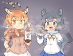  2girls animal_ears bitashinmi blue_eyes chinchilla_(kemono_friends) hand_on_hip holding_shoes horns impala_(kemono_friends) kemono_friends long_hair looking_at_viewer multiple_girls open_mouth orange_eyes orange_hair ponytail shoes_removed smell smile steam sweat tail 