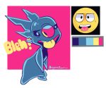 2018 alien alternate_color angoraram blue_body digital_drawing_(artwork) digital_media_(artwork) disney emoji experiment_(species) icy_body lilo_and_stitch looking_at_viewer low_res open_mouth pink_background pink_nose restricted_palette signature simple_background slushy_(lilo_and_stitch) solo standing tongue tongue_out white_background 