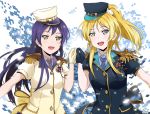  ayase_eli bangs black_gloves blonde_hair blue_eyes blue_hair blush commentary_request epaulettes eyebrows_visible_through_hair gloves hair_between_eyes hat highres holding_hands long_hair looking_at_viewer love_live! love_live!_school_idol_festival love_live!_school_idol_project multiple_girls necktie open_mouth ponytail sonoda_umi striped striped_neckwear suan_ringo white_gloves yellow_eyes 