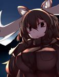  animal_ears antlers bangs breast_pocket breasts brown_eyes brown_hair closed_mouth commentary_request eyebrows_visible_through_hair furorina hair_between_eyes kemono_friends large_breasts long_hair looking_at_viewer moose_(kemono_friends) moose_ears pocket solo upper_body 