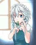 bangs blue_eyes braid commentary_request eyebrows_visible_through_hair furorina green_ribbon hair_between_eyes hair_tie hair_tie_in_mouth izayoi_sakuya maid_headdress mouth_hold neck_ribbon ribbon short_sleeves side_braid silver_hair solo touhou upper_body window 