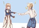  2girls absurdres ahoge artoria_pendragon_(all) bangs blonde_hair blue_eyes blue_shirt blue_skirt braid braided_bun brooch brown_gloves commentary cropped_jacket crossover dress english_commentary fate/stay_night fate_(series) gloves hair_bun hair_ribbon highres jewelry long_sleeves look-alike meme multiple_girls pantyhose pointing ribbon saber shirt sidelocks skirt spider-man_(series) tegar32 violet_evergarden violet_evergarden_(character) white_dress white_shirt 