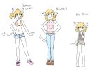  2018 5_fingers anthro bikini blonde_hair blush breasts cat cleavage clothed clothing collage digital_media_(artwork) feline female fur green_eyes hair jeans jessie-katcat_(artist) mammal midriff navel open_mouth pants pose scared shorts skirt smile standing swimsuit white_fur young 
