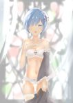  absurdres bare_shoulders blue_eyes blue_hair blurry blurry_background bow bow_bra bow_panties bra breasts cowboy_shot depth_of_field detached_sleeves eyebrows_visible_through_hair frilled_panties frilled_sleeves frills hair_ornament hair_over_one_eye hair_ribbon hand_on_own_chest highres holding_clothes holding_skirt light_particles looking_at_viewer medium_breasts open_mouth panties re:zero_kara_hajimeru_isekai_seikatsu red_ribbon rem_(re:zero) ribbon ryosu127 short_hair skirt skirt_pull solo standing tearing_up underwear underwear_only white_bra white_panties x_hair_ornament 