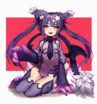  :d animal_ears blush blush_stickers bow commentary demon_wings eyebrows_visible_through_hair eyes_visible_through_hair familiar_(monster_girl_encyclopedia) fang hair_ornament hairclip large_bow leotard long_hair looking_at_viewer monster_girl monster_girl_encyclopedia open_mouth paws purple_hair red_eyes simple_background sitting smile solo star star-shaped_pupils star_hair_ornament symbol-shaped_pupils tail terupancake thigh_gap twintails twitter_username very_long_hair white_bow wings yokozuwari 