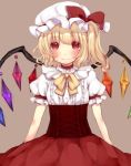  adapted_costume blonde_hair bow breasts buttons choker closed_mouth commentary corset cowboy_shot eyebrows_visible_through_hair eyelashes flandre_scarlet frilled_shirt frills gem hat hat_bow light_blush light_smile lips looking_at_viewer mob_cap neck_ribbon one_side_up puffy_short_sleeves puffy_sleeves red_bow red_choker red_eyes red_skirt ribbon ribbon-trimmed_sleeves ribbon_trim shirt short_hair short_sleeves simple_background skirt small_breasts solo standing tan_background touhou udon0513 white_shirt wings yellow_neckwear 