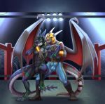  2017 5_fingers abs akanos anthro athletic belt blue_claws bodysuit bulge claws clothed clothing digital_drawing_(artwork) digital_media_(artwork) dragon duo green_eyes hi_res horn ladychimaera male markings mask membranous_wings muscular muscular_male penis_outline red_eyes red_sclera rem_(rykeus) scalie skinsuit smile standing teeth tight_clothing toe_claws toes wings wrestling 