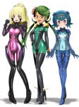  absurdres blonde_hair blue_eyes blue_hair blush bodysuit covered_navel dark_skin evangelion:_2.0_you_can_(not)_advance flower g_gundam green_eyes green_hair gundam hair_flower hair_ornament hairband hand_on_hip high_heels highres lillie_(pokemon) long_hair mao_(pokemon) mobile_trace_suit multiple_girls muvluv neon_genesis_evangelion open_mouth plugsuit pokemon pokemon_(anime) pokemon_sm_(anime) ponytail rebuild_of_evangelion short_hair shoukin500 simple_background smile suiren_(pokemon) test_plugsuit trial_captain twintails white_background 