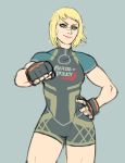  arthur_asa bird_of_prey black_canary blonde_hair commentary dc_comics dinah_lance fist_bump mixed_martial_arts mma_gloves muscle muscular_female short_hair shorts 