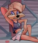  2018 4_fingers anthro breasts brown_eyes brown_fur brown_hair cigarette clitoris clothing digital_media_(artwork) female flashing fur glare hair looking_at_viewer mammal midriff mocking presenting presenting_pussy pussy rat rhubella_rat rodent saran-rape short_hair sitting skirt smoking solo tiny_toon_adventures upskirt warner_brothers 