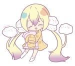  :d absurdly_long_hair animal_print bangs blonde_hair blush bunny_print chibi closed_eyes closed_mouth cloud cloud_print eyebrows_visible_through_hair facing_viewer full_body gradient_hair hair_between_eyes long_hair long_sleeves looking_at_viewer mahou_shoujo_ikusei_keikaku multicolored_hair nemurin open_mouth pajamas pillow pillow_hug print_pajamas print_shirt purple_hair rinechun shirt simple_background sleeves_past_fingers sleeves_past_wrists smile socks solo standing standing_on_one_leg twintails twitter_username very_long_hair white_background white_legwear yellow_pajamas yellow_shirt 