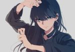 arm_up bangs blue_hair closed_mouth earrings fighting_stance frown grey_background grey_eyes hair_over_eyes jewelry long_hair long_sleeves looking_at_viewer monsieur original outstretched_hand pose simple_background solo straight_hair upper_body 