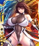  1girl aoi_nagisa_(metalder) bare_shoulders blush breasts cameltoe card_(medium) cleavage curvy erect_nipples female hair_ribbon high_heels highleg_leotard huge_breasts leotard lilith-soft looking_at_viewer mizuki_shiranui nipples partially_visible_vulva red_eyes shiny shiny_hair shiny_skin solo standing taimanin_(series) taimanin_asagi_battle_arena taimanin_yukikaze thick_thighs thighhighs thighs thong_leotard weapon 