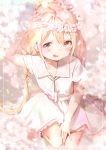  :d blonde_hair blurry brown_eyes cherry_blossoms commentary depth_of_field dress falling_petals flower flower_wreath full_body futaba_anzu hair_ribbon hanami hand_on_headwear hand_on_lap hand_up head_wreath highres idolmaster idolmaster_cinderella_girls kira!_mankai_smile long_hair looking_at_viewer low_twintails open_mouth outdoors ribbon sailor_collar sailor_dress sash school_uniform seiza shiratama_akane signature sitting smile solo twintails twitter_username very_long_hair white_dress white_sailor_collar 