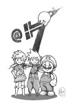  arm_around_shoulder boots chibi cloud_strife commentary_request countdown facial_hair final_fantasy final_fantasy_vii greyscale grin hand_on_hip highres kirby kirby_(series) link male_focus mario mario_(series) monochrome multiple_boys mustache nomura_tetsuya number overalls pointy_ears ponytail signature simple_background smile super_smash_bros. super_smash_bros._ultimate the_legend_of_zelda the_legend_of_zelda:_breath_of_the_wild tunic white_background 