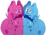 2018 anthro areola belly big_breasts big_butt blue&#039;s_clues blue_(blue&#039;s_clues) blue_eyes blue_fur breast_squish breasts breasts_frottage butt canine digital_media_(artwork) dog duo eyewear female female/female fur glasses half-closed_eyes huge_butt huge_hips looking_at_viewer magenta_(blue&#039;s_clues) mammal nipple_piercing nipples open_mouth overweight overweight_female piercing pink_fur short_stack simple_background sssonic2 thick_thighs v_sign white_background wide_hips 